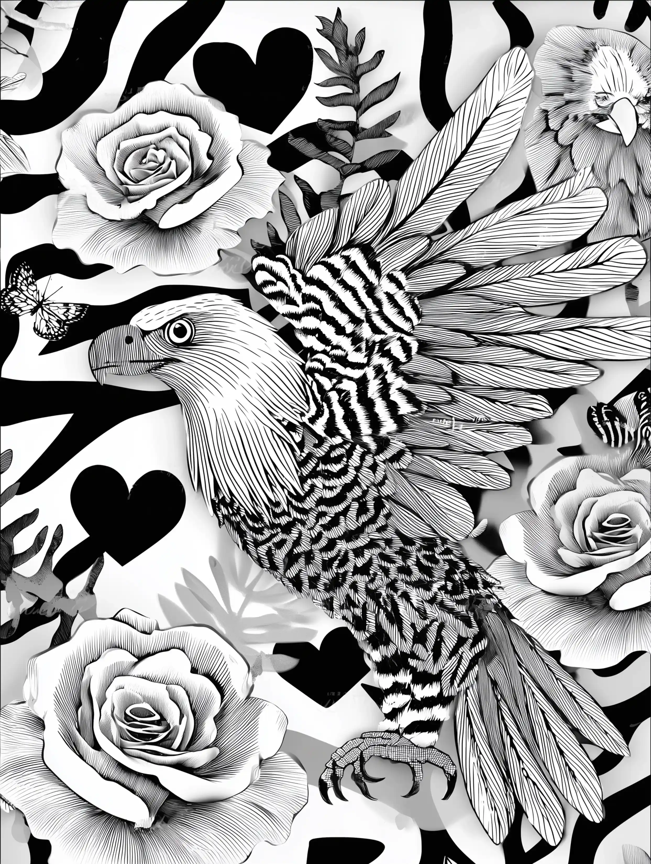Free printable eagle coloring page for adults featuring a gorgeous eagle with flowers and hearts